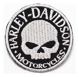Patch Bordado Harley Davidson Skull Branca 6x6cm