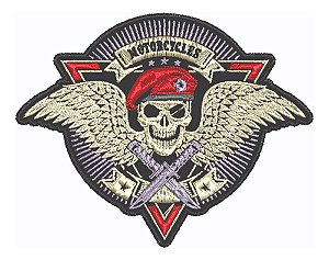 Patch Bordado Caveiras Caveira Boina Vermelha 10x7,8cm