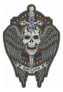 Patch Bordado Grandes Caveira Asa E Espada 19,3x28cm