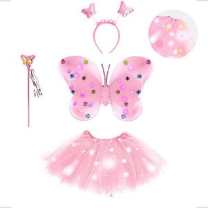 Fantasia Infantil Meninas Borboleta Infantil Fadinha C/ Led ROSA CLARO