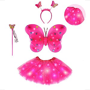 Fantasia Infantil Meninas Borboleta Infantil Fadinha C/ Led ROSA ESCURO