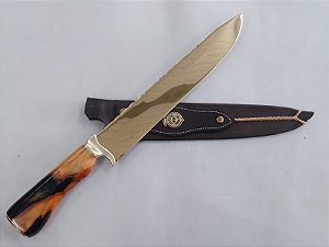 FACA 10" DOURADA INOX MARCA GAÚCHA / BAINHA EM COURO