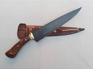 FACA FOSFATIZADA 09" GAÚCHA CABO MADEIRA/METAL / BAINHA ESPECIAL DE COURO