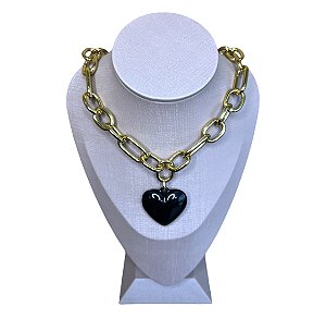 Colar Coração Negro Folhado A Ouro