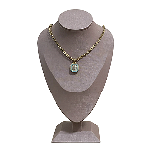 Colar Sextavado Azul Folhado a Ouro