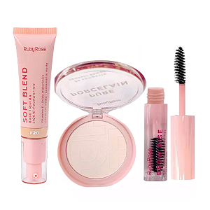 Kit de Maquiagem Linha Rosa Ruby Rose - Base Líquida + Pó Compacto + Gel de Sobrancelha
