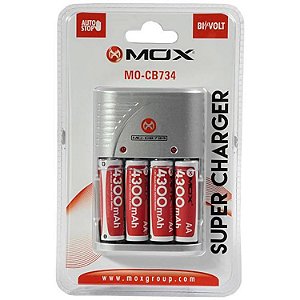 Carregador de Pilhas Mox MO-CB734 com 4 Pilhas AA 4300mAh