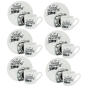 KIT 6 Xícaras com pires de Porcelana 80ml frase good morning
