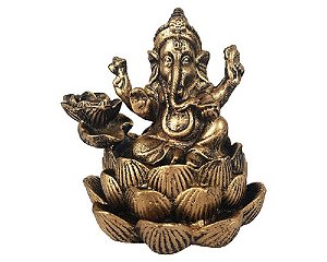 Incensário Cascata Flor de Lótus Ganesha resina 10cm altura