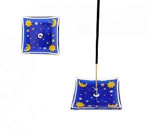 INCENSÁRIO DE VIDRO CELESTIAL 7CM QUADRADO SOL LUA ESTRELA