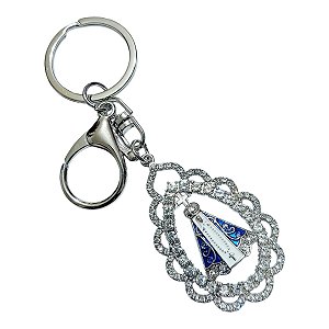 CHAVEIRO MOSQUETÃO PRATEADO FOLHA mãe APARECIDA STRASS santa