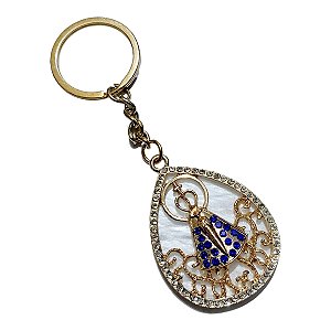 CHAVEIRO DOURADO CAPA PEDRAS AZUIS APARECIDA fundo perolado
