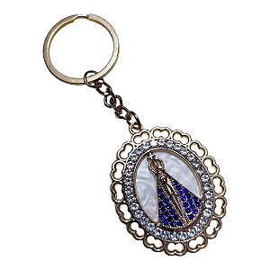 CHAVEIRO PEROLADO DOURADO STRAS AZUL NOSSA SENHORA APARECIDA