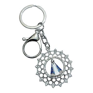 CHAVEIRO PRATEADO FLOR COM STRASS NOSSA SENHORA APARECIDA