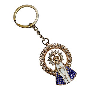 CHAVEIRO DOURADO STRASS APARECIDA COM RESPLENDOR BRANCO AZUL