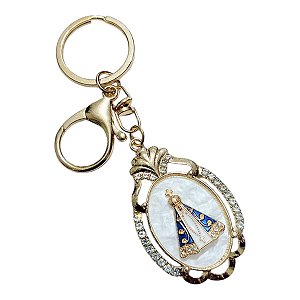 CHAVEIRO APARECIDA MOSQUETÃO DOURADO  perolado OVAL STRASS