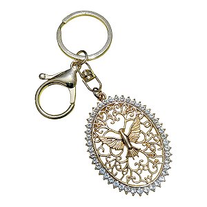 CHAVEIRO DOURADO ESPÍRITO SANTO OVAL STRASS RELIGIOSO SANTO
