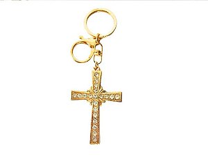 CHAVEIRO MOSQUETÃO DOURADO CRUZ GRANDE STRAS RELIGIOSO SANTO