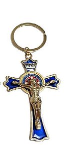 CHAVEIRO CRUZ SÃO BENTO DOURADO AZUL RELIGIOSO SANTA SANTO