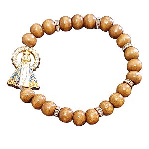 PULSEIRA MADEIRA 8MM NOSSA SENHORA APARECIDA BRANCO esplendo