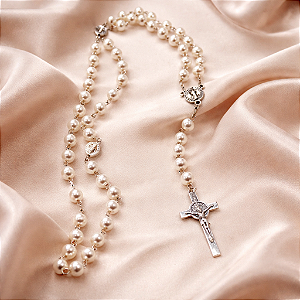 Terço Perolas Medalha SÃO BENTO CONTA 8MM c/ caixinha santo