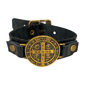 Pulseira Couro Preta Medalha São Bento Ouro Velho 2,8x24cm