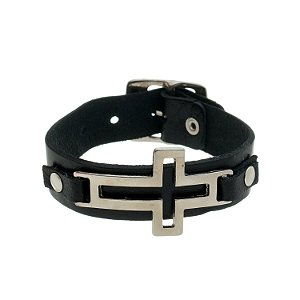 Pulseira de Couro Preto com Cruz Vazada Níquel e Fivela 24cm