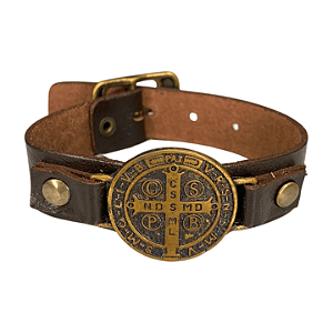 Pulseira de Couro Marrom Medalha São Bento ouro velho 24cm