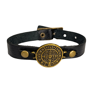 Pulseira de Couro preta com Medalha de São Bento ouro velho