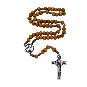 Terço Madeira Marrom Medalha Das Duas Cruzes 8mm Crucifixo