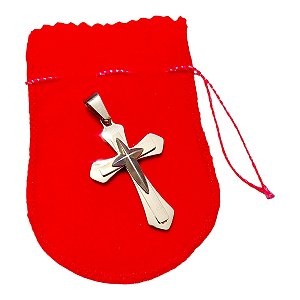 PINGENTE AÇO INOX PRATEADO CRUZ COM RELEVO 6X3 CM SANTO JOIA