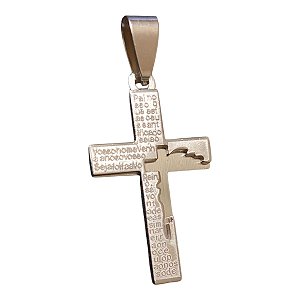 PINGENTE AÇO INOX PRATEADO CRUZ ORAÇÃO VAZADA NA LATERAL