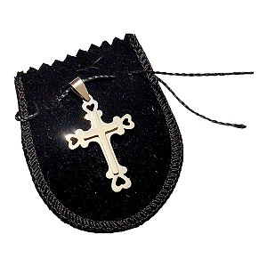 Pingente Aço Inox Prateado Cruz Textura Coração Na Ponta