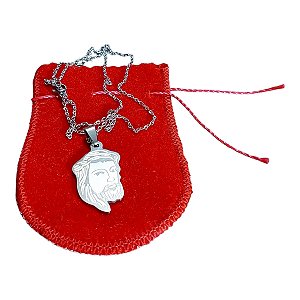 COLAR AÇO INOX PRATEADO 50CM COM PINGENTE ROSTO JESUS SANTO