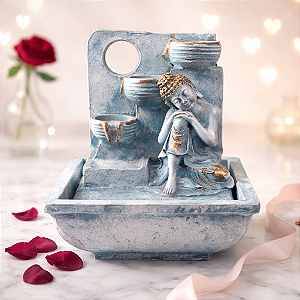 Fonte resina Buda Pensador Turquesa 18cm 3 quedas bivot