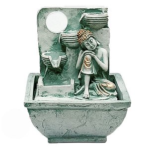 Fonte resina Buda Pensador Turquesa 18cm 3 quedas bivot
