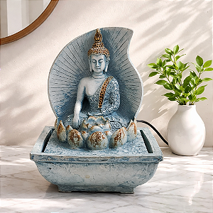 Fonte resina Buda hindu flor Lótus Mini Turquesa 18cm bivolt