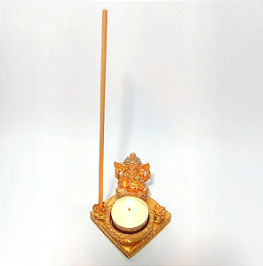Incensário Porta Vela Resina Ganesha Dourado Com Brilho 8cm