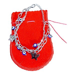 Pulseira Aço Inox Dupla Olho Grego Pingente Borboleta