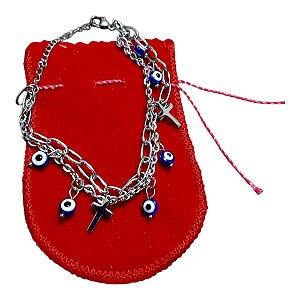 Pulseira Aco Inox Prateada Dupla Olho Grego Pingente Cruz
