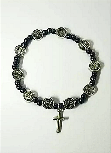Pulseira Hematita com Medalhas de Sao Bento Pingente de Cruz