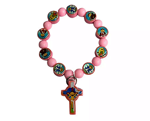 Pulseira miçanga Rosa Infantil Jesus na Cruz e Medalhas