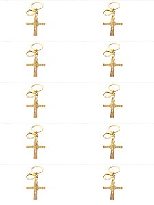 10 CHAVEIROS MOSQUETÃO DOURADO CRUZ GRANDE STRAS RELIGIOSO