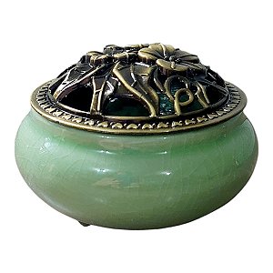 TURÍBULO INCENSARIO METAL E Porcelana 10 CM DEFUMADOR VERDE