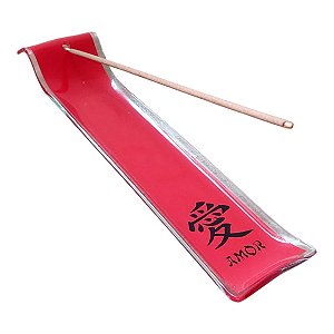 INCENSÁRIO VIDRO CANALETA kanji AMOR Feng Shui Vermelho 23CM