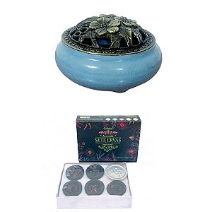 INCENSARIO TURÍBULO Porcelana AZUL + DEFUMADOR SETE ERVAS