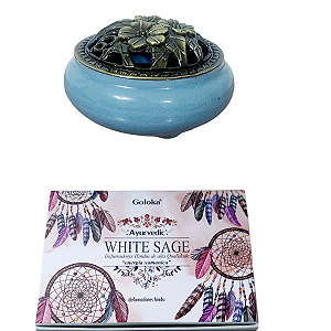 INCENSARIO TURÍBULO Porcelana AZUL + DEFUMADOR salvia branca