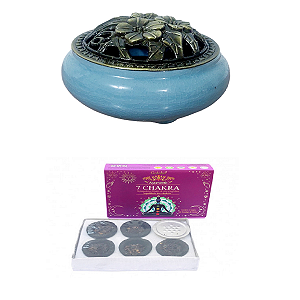 INCENSARIO TURÍBULO Porcelana AZUL + DEFUMADOR  7 CHAKRA