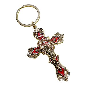 CHAVEIRO CRUZ SÃO BENTO DOURADO VERMELHO RELIGIOSO CRUCIFIXO