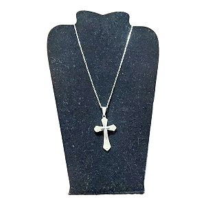 COLAR corrente tijolinho AÇO INOX 70CM CRUZ RELEVO 6X3 prata